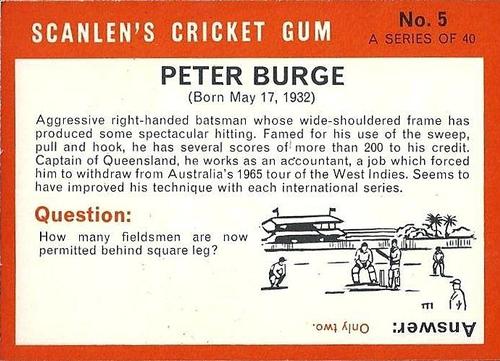 1965 Scanlen's Cricket #5 Peter Burge Back