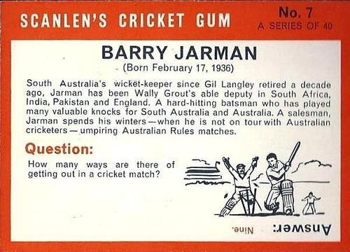 1965 Scanlen's Cricket #7 Barry Jarman Back