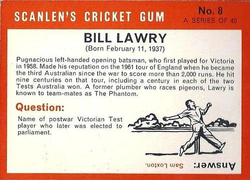 1965 Scanlen's Cricket #8 Bill Lawry Back