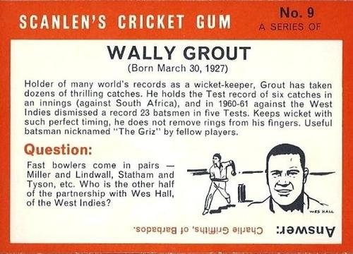 1965 Scanlen's Cricket #9 Wally Grout Back