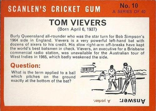 1965 Scanlen's Cricket #10 Tom Veivers Back