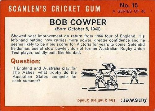 1965 Scanlen's Cricket #15 Bob Cowper Back