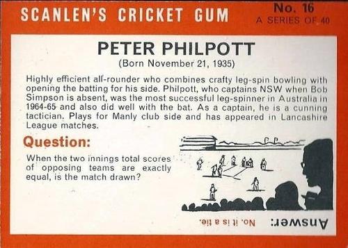 1965 Scanlen's Cricket #16 Peter Philpott Back