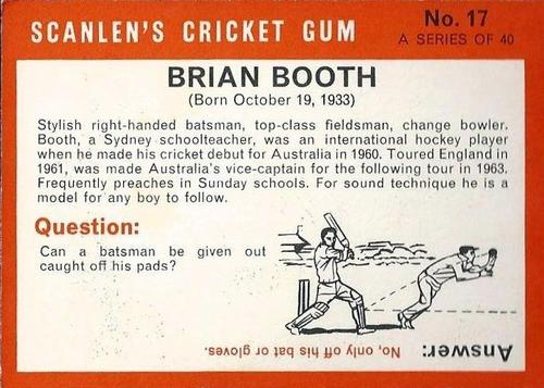 1965 Scanlen's Cricket #17 Brian Booth Back