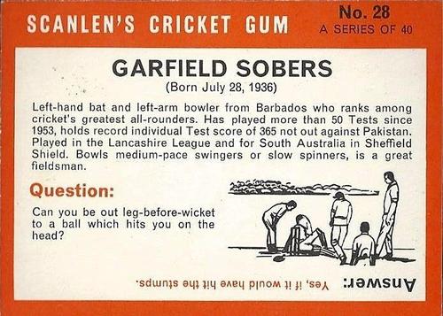 1965 Scanlen's Cricket #28 Garfield Sobers Back