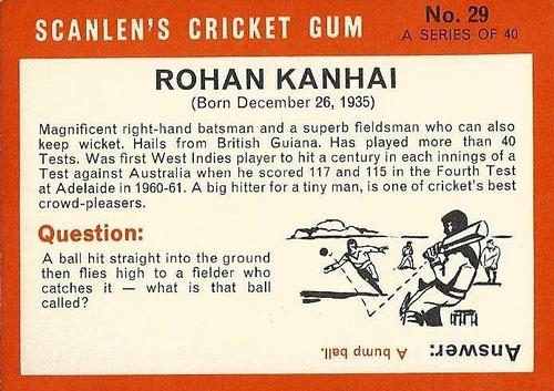 1965 Scanlen's Cricket #29 Rohan Kanhai Back