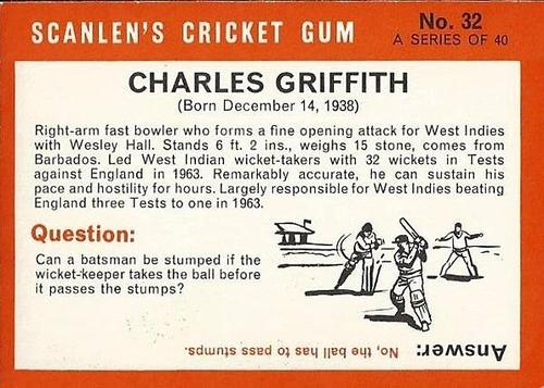 1965 Scanlen's Cricket #32 Charlie Griffith Back