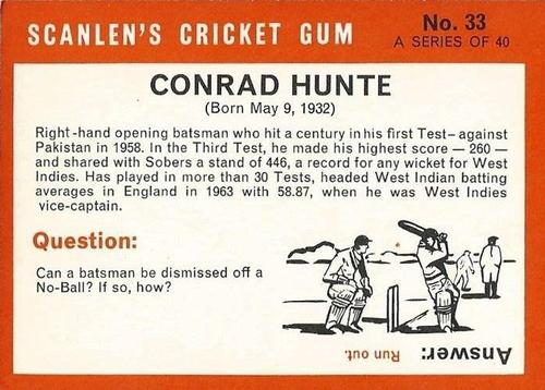1965 Scanlen's Cricket #33 Conrad Hunte Back