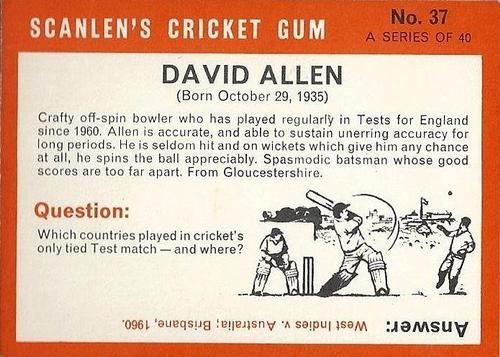 1965 Scanlen's Cricket #37 David Allen Back