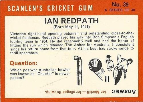 1965 Scanlen's Cricket #39 Ian Redpath Back