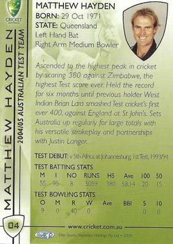 2004-05 Elite Sports Cricket Australia #04 Matthew Hayden Back