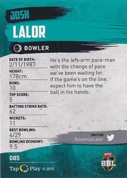 2015-16 Tap 'N' Play CA/BBL Cricket #085 Josh Lalor Back