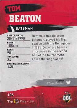 2015-16 Tap 'N' Play CA/BBL Cricket - Silver #106 Tom Beaton Back