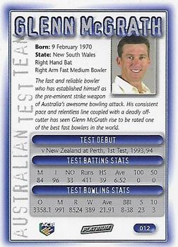 2002 ACB Platinum #012 Glenn McGrath Back