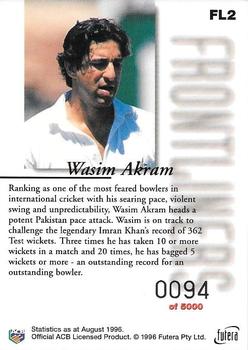 1996 Futera The Decider - Frontliners First Day Issue #FL2 Wasim Akram Back