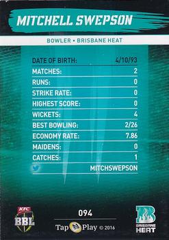 2016-17 Tap 'N' Play CA/BBL Cricket #094 Mitchell Swepson Back