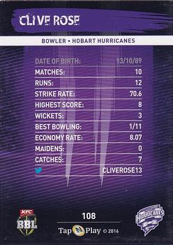 2016-17 Tap 'N' Play CA/BBL Cricket #108 Clive Rose Back