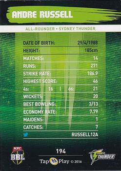 2016-17 Tap 'N' Play CA/BBL Cricket #194 Andre Russell Back