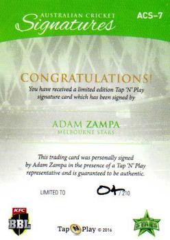 2016-17 Tap 'N' Play CA/BBL Cricket - Australian Cricket Signatures #ACS-07 Adam Zampa Back