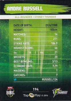 2016-17 Tap 'N' Play CA/BBL Cricket - Gold #194 Andre Russell Back