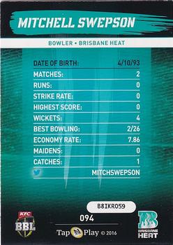 2016-17 Tap 'N' Play CA/BBL Cricket - Silver #094 Mitchell Swepson Back