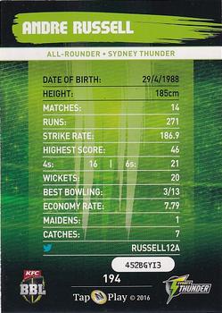 2016-17 Tap 'N' Play CA/BBL Cricket - Silver #194 Andre Russell Back