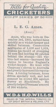 1928 Wills's Cricketers 2nd Series #1 Les Ames Back