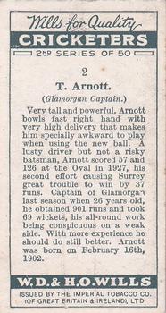 1928 Wills's Cricketers 2nd Series #2 Trevor Arnott Back