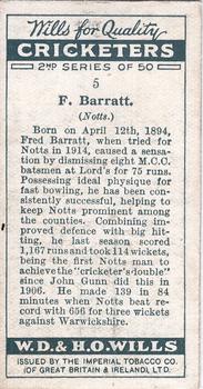 1928 Wills's Cricketers 2nd Series #5 Fred Barratt Back