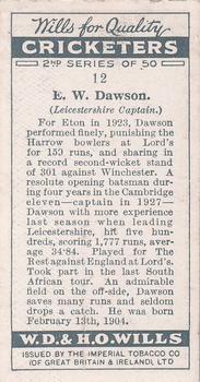 1928 Wills's Cricketers 2nd Series #12 Edward Dawson Back