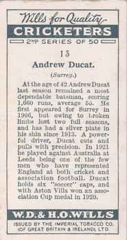 1928 Wills's Cricketers 2nd Series #13 Andrew Ducat Back