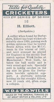 1928 Wills's Cricketers 2nd Series #16 Harry Elliot Back