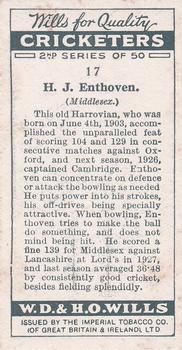 1928 Wills's Cricketers 2nd Series #17 Henry Enthoven Back