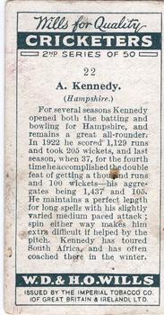 1928 Wills's Cricketers 2nd Series #22 Alexander Kennedy Back