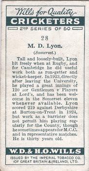 1928 Wills's Cricketers 2nd Series #28 Malcolm Lyon Back