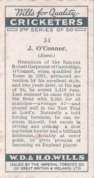 1928 Wills's Cricketers 2nd Series #34 Jack O'Connor Back