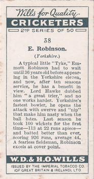 1928 Wills's Cricketers 2nd Series #38 Emmott Robinson Back