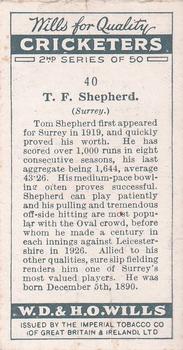 1928 Wills's Cricketers 2nd Series #40 Thomas Shepherd Back