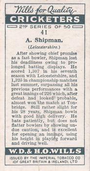 1928 Wills's Cricketers 2nd Series #41 Alan Shipman Back