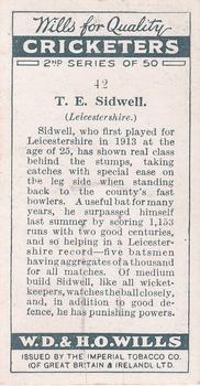 1928 Wills's Cricketers 2nd Series #42 Thomas Sidwell Back