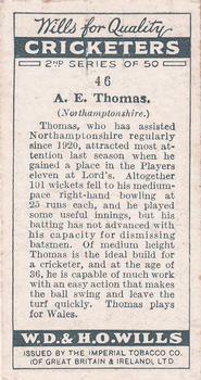 1928 Wills's Cricketers 2nd Series #46 Albert Thomas Back