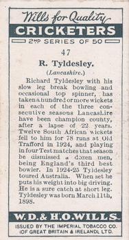 1928 Wills's Cricketers 2nd Series #47 Richard Tyldesley Back