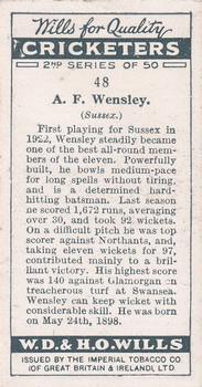 1928 Wills's Cricketers 2nd Series #48 Albert Wensley Back