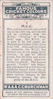 1928 Churchman's Famous Cricket Colours #1 M.C.C. Back