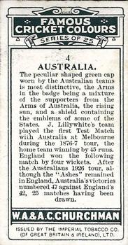 1928 Churchman's Famous Cricket Colours #4 Australia Back