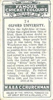 1928 Churchman's Famous Cricket Colours #24 Oxford University Back