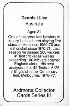 1980-81 Ardmona International Cricket #NNO Dennis Lillee Back