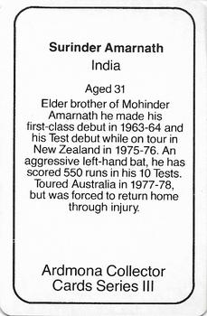 1980-81 Ardmona International Cricket #NNO Surinder Amarnath Back