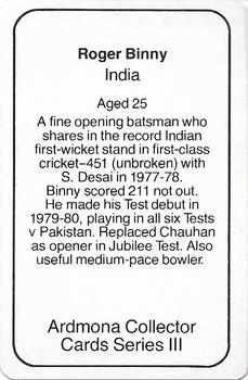 1980-81 Ardmona International Cricket #NNO Roger Binny Back