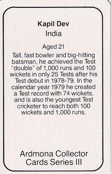 1980-81 Ardmona International Cricket #NNO Kapil Dev Back